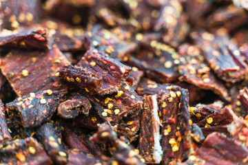 closeup view of dehydrated beef  pieces.