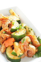 Korean food, cucumber and chicken stir fried with kimchi
