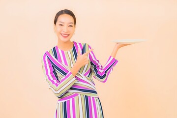 Portrait beautiful young asian woman with plate of food