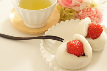 Japanese confectionery, strawberry and red bean paste Daifuku Mochi