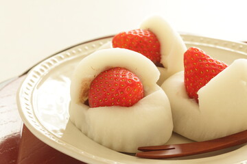 Japanese confectionery, strawberry and red bean paste Daifuku Mochi