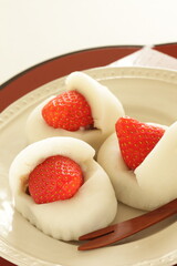 Japanese confectionery, strawberry and red bean paste Daifuku Mochi