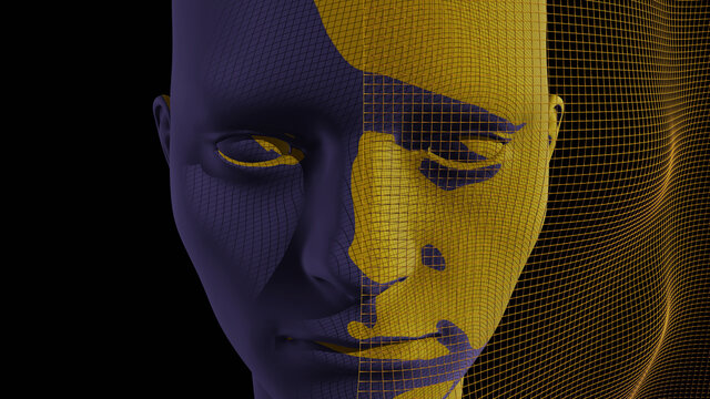 Meditation - Menschlicher Kopf. ruhig und entspannt, klarer Blick, Gitter vor der linken Gesichtsh&auml;lfte, Hintergrund schwarz, 3d Illustration