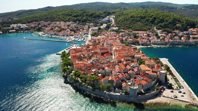 Aerial view of Korcula old town on Korcula island, Croatia.