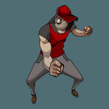 cartoon guy with a baseball cap stands in a fighting stance