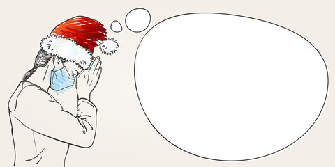 Christmas at Coronavirus. Sketch of woman in medical face mask, santa hat praying hands folded in worship, eyes closed. People new normal template information banner thought bubble, Hand drawn vector