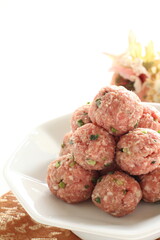 Homemade Chinese pork and beef mixed meatball on dish for prepared food ingredient