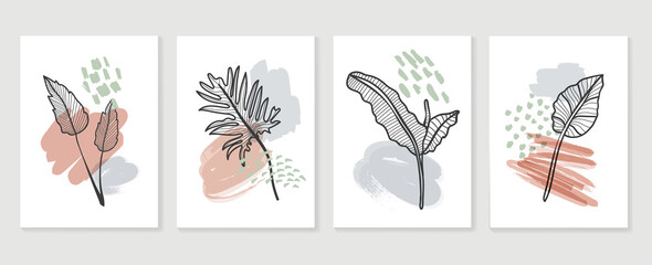Botanical wall art vector set. Earth tone boho foliage line art drawing with  abstract shape.  Abstract Plant Art design for wall framed prints, canvas prints, poster, home decor, cover, wallpaper.