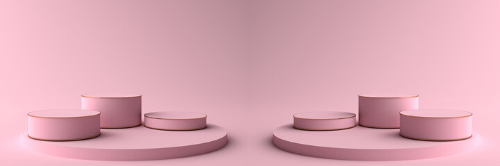 3D rendering of Round pink Pedestal, Podium for display product on the pink floor. Pedestal can be used for commercial advertising, Isolated on pink background, Product Presentation, illustration.