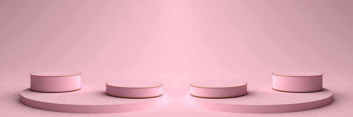 3D rendering of Round pink Pedestal, Podium for display product on the pink floor. Pedestal can be used for commercial advertising, Isolated on pink background, Product Presentation, illustration.