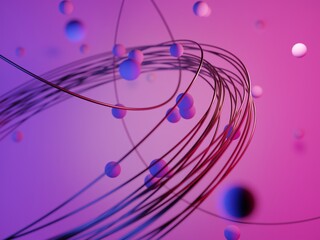 Abstract scene with wires and circles in neon light