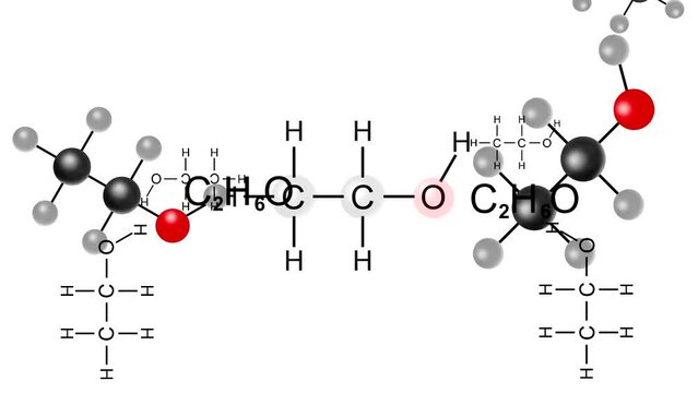 Animation with ball-and-stick model of alcohol and chemical formula C2H6O on the white background (seamless loop)