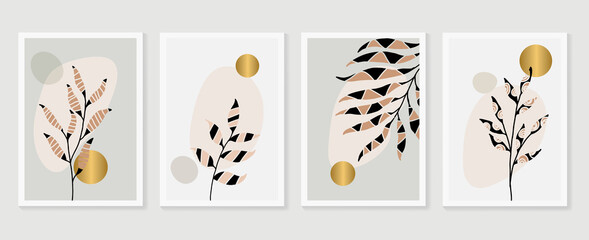 Botanical and gold abstract wall arts vector collection.  Golden and luxury pattern design with leaves line arts, Hand draw Organic shape design for wall framed prints, canvas prints, poster, home dec