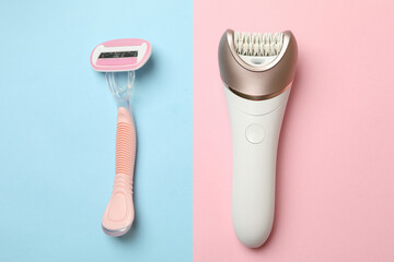 Epilator and razor on two tone background, space for text