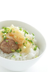 Chinese food, meat ball and glass noodles simmered with Chinese cabbage on rice
