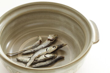 Japanese food ingredient, dried sardine in hot pot for broth cooking