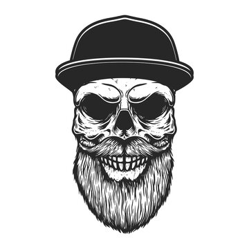 Illustration of bearded skull in baseball cap. Design element for logo, label, sign, poster. Vector illustration