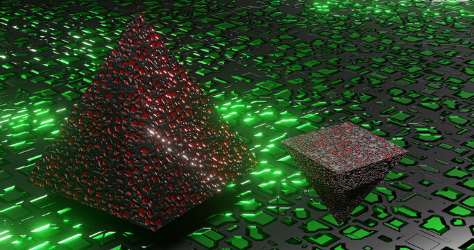 Render With Red Pyramids On Green Cyber Background