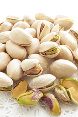 Pistachio on dish for snack food with copy space