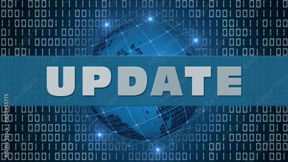 Poster UPDATE - white flickering lettering in front of earth globe with satellite grid on random varying binary code background