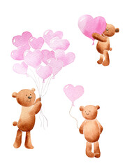 Watercolor illustration set of bears with pink hearts for valentine's day