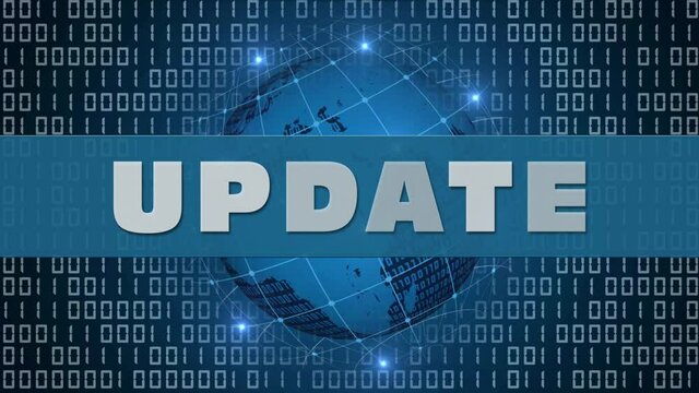 UPDATE - white flickering lettering in front of earth globe with satellite grid on random varying binary code background