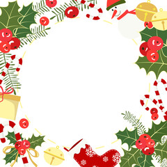 Festive postcard, frame with Christmas symbols. Xmas stocking, sugar canes, gift box, snowman, holly leaves and berries, round golden bells. Circle, wreath with place for text. Cute cartoon border