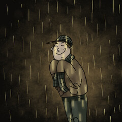 a young man stands in a golden rain and smiles with happiness.  The guy in the green checkered scarf gets wet in the rain.  Golden rain illuminates the guy's clothes