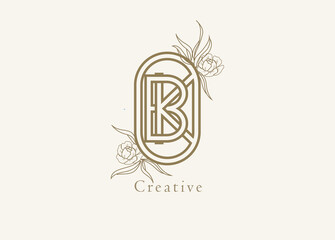 Abstract Initial B and K Logo, Monogram with floral frame, usable for brand, card and invitation, logo design template element,vector illustration