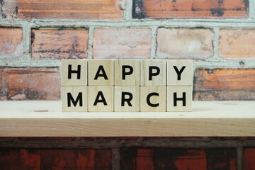 Fototapeta na wymiar Happy March alphabet letter on shelves wooden background
