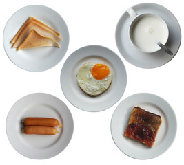 food breakfast, Fried egg, sausage, fresh milk, bread spread with jam, bacon on white plate, on white background