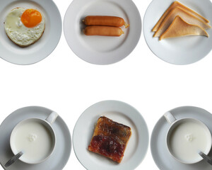 Fried egg, sausage, fresh milk, bread spread with jam, bacon on white plate, on white background, breakfast, launch, dining, copy space