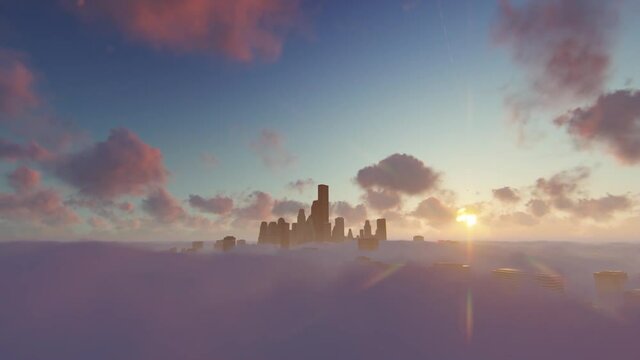 City skyscrapers over clouds against timelapse sunrise