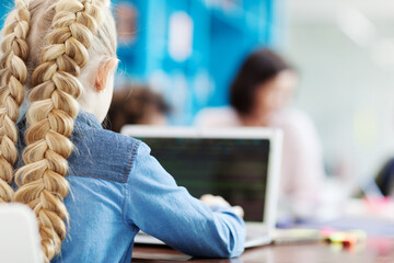 Rear view of little girl with braided blonde hair coding on laptop computer sitting at desk in school classroom