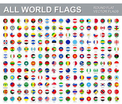 All world flags - vector set of round flat icons. Flags of all countries and continents
