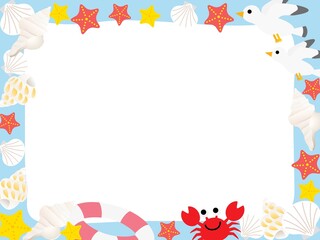 夏の海のカモメや蟹や貝殻やヒトデのフレームイラスト