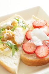 Homemade strawberry and cheese sugar toast for healthy gourmet breakfast