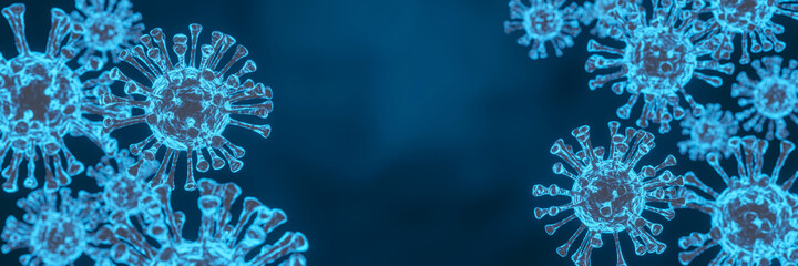 Fototapeta na wymiar Coronavirus 2019-nCov novel coronavirus concept resposible for coronaviruses influenza as dangerous flu strain cases as a pandemic. Microscope virus close up. 3d rendering.3D disease. panorama. 
