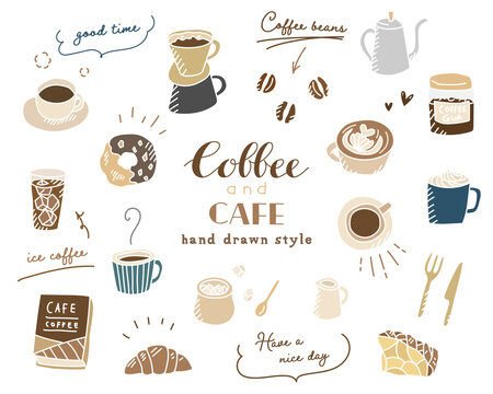 手描きのコーヒー、カフェのイラスト／セット／珈琲／スケッチ／スイーツ／マグカップ／おしゃれ