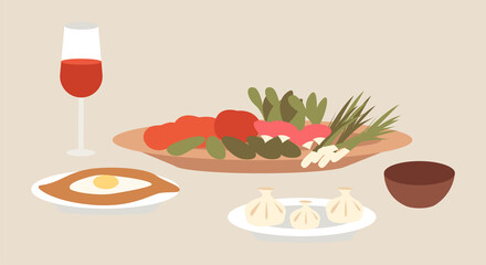 Template for cafe or restaurant. Local food emblem. Georgian cuisine dishes flat vector illustration. Demonstration of khachapuri and khinkali. Plate of sliced vegetables isolated on grey background