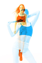 Snowly. Multiple portrait with glitch duotone effect. Multiple exposure, abstract fashionable beauty photo. Young beautiful female model posing. Youth culture, composite image, fashionable people.