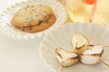 Barbecue heart shaped Marshmallow on dish for dessert
