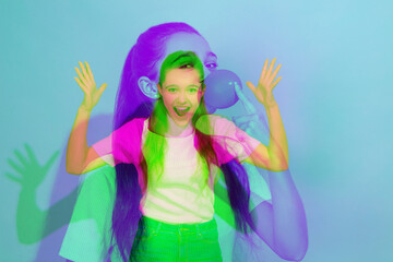Bubble. Multiple portrait with glitch duotone effect. Multiple exposure, abstract fashionable...