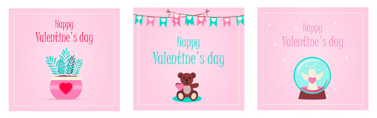 Valentine s day greeting card with hearts and love wishes. Flat vector illustration for sale, online store, delivery of goods for the holiday. Invitation flyer in pink, red, and blue. Images with a