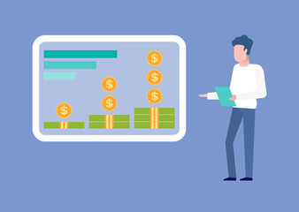Person giving presentation vector, board with infochart in form of growing profit from business project. Male with document explaining concept flat style