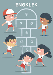PrintIndonesian elementary school student with red white uniform playing engklek, the Indonesian children traditional game. Children vector illustration