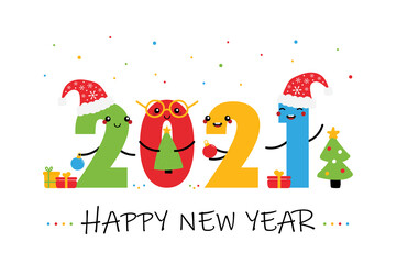 Fototapeta premium Happy New Year 2021 vector card, illustration with cute cartoon style numbers characters celebrating and decorating trees.