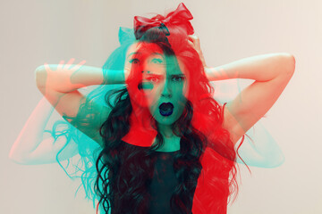 Doll. Multiple portrait with glitch duotone effect. Multiple exposure, abstract fashionable beauty photo. Young beautiful female model posing. Youth culture, composite image, fashionable people.