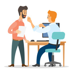 Office workers characters talking emotionally. Surprised open-eyed businessmen talking communication, man sitting at office desk with laptop. Business meeting and consideration of working issues