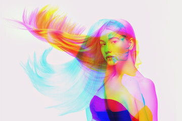 Blowing. Multiple portrait with glitch duotone effect. Multiple exposure, abstract fashionable...